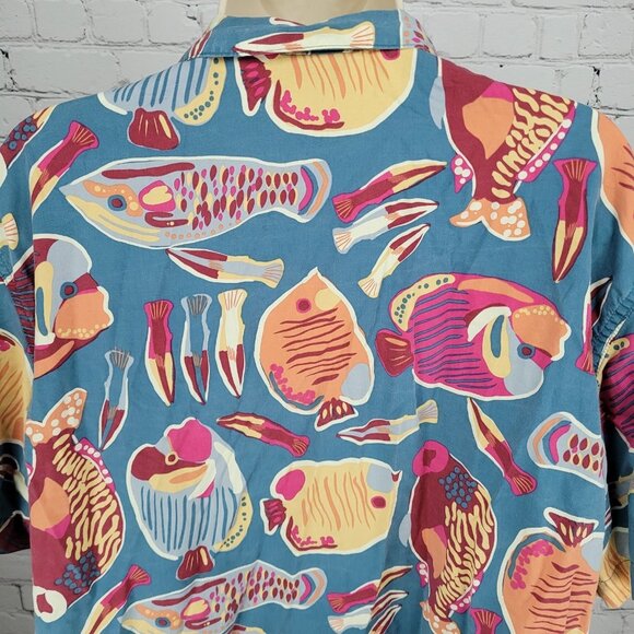 Patagonia Blue Tidal Threads Button Up Short Sleeve Collared Shirt Top Large L - Picture 7 of 12